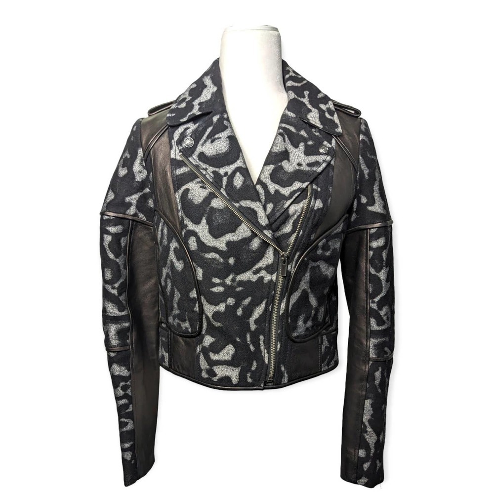 Diane von Furstenberg Theodora Jacket Moto Leather Wool Animal Print Black Sz 4